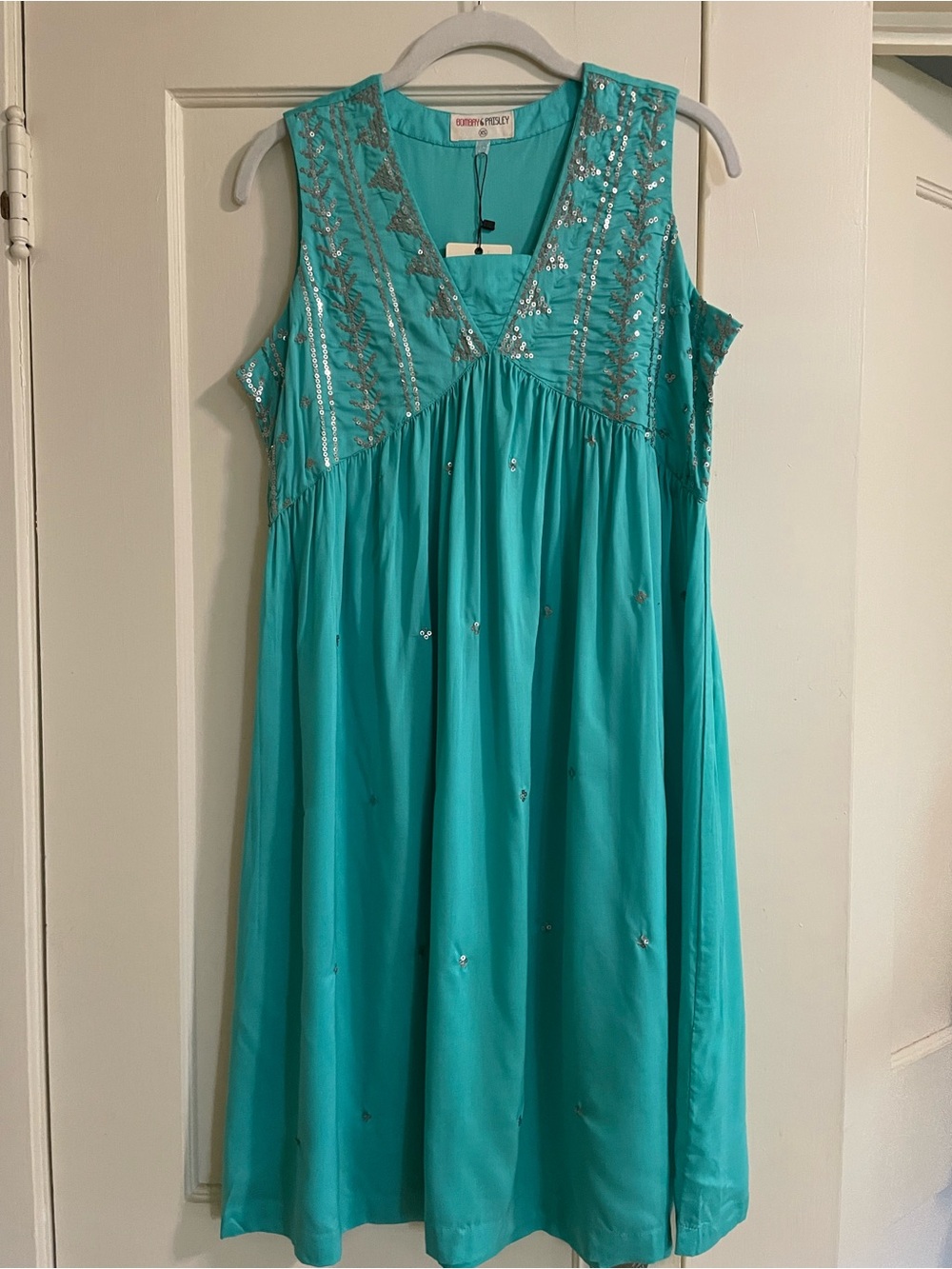 Embroidered Teal Midi Dress with Sequin Detail